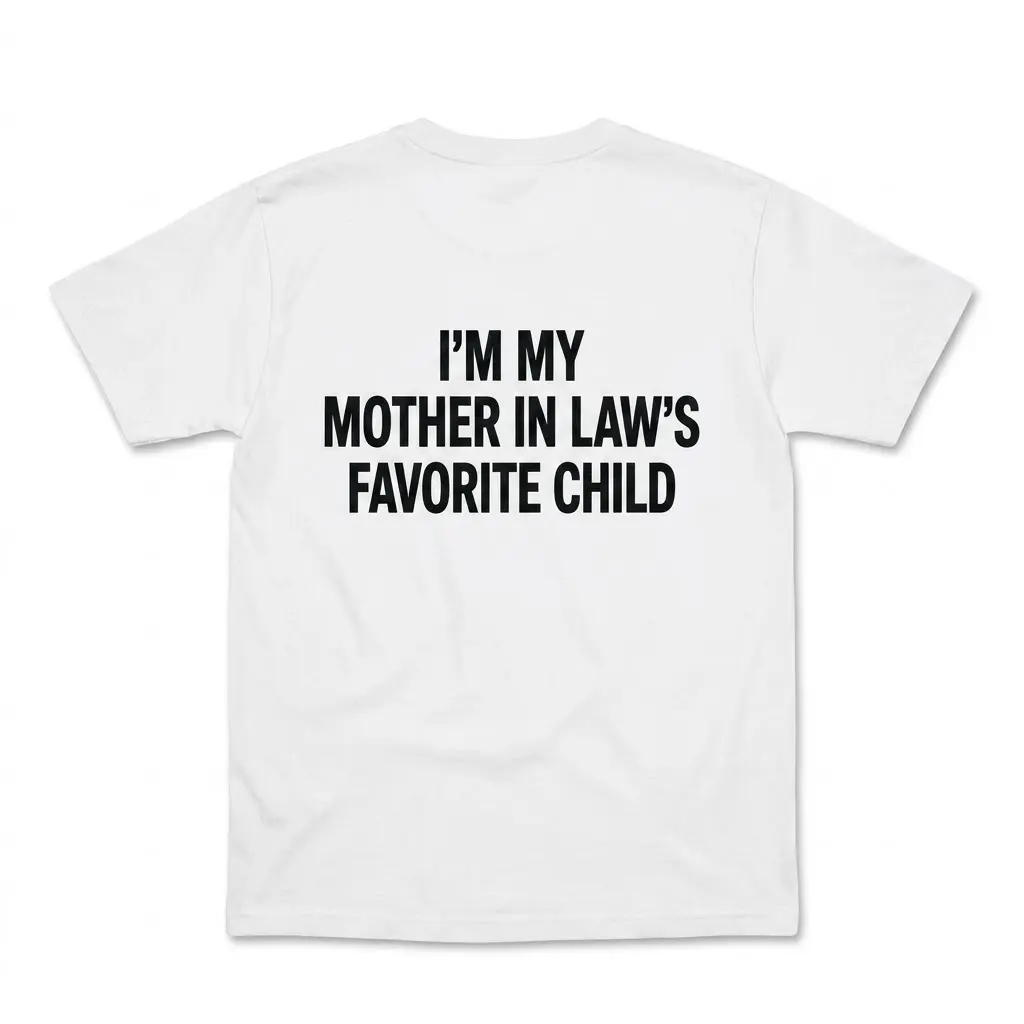 Funny Mother-in-Law's Favorite Child T-Shirt 1 Back flat lay of a white t-shirt featuring the text 'I'm My Mother In Law's Favorite Child' in bold black font.