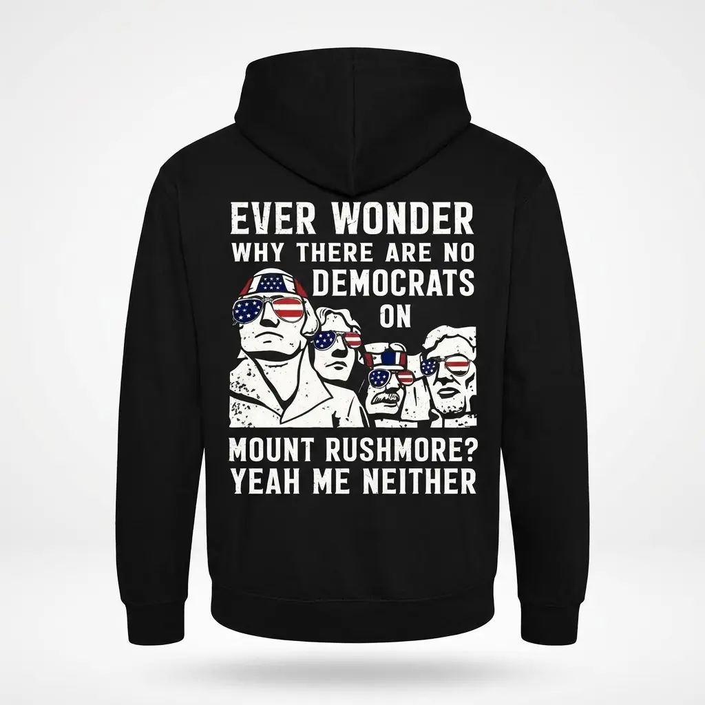 Back flat lay of a black hoodie printed with the Mount Rushmore political graphic and funny text.