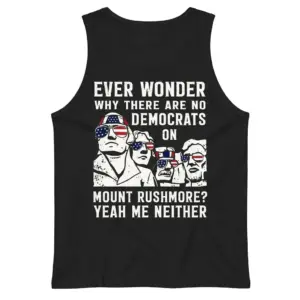 Funny Mount Rushmore Political Graphic T-Shirt 8 Back flat lay of a black tank top featuring the Mount Rushmore patriotic graphic design.