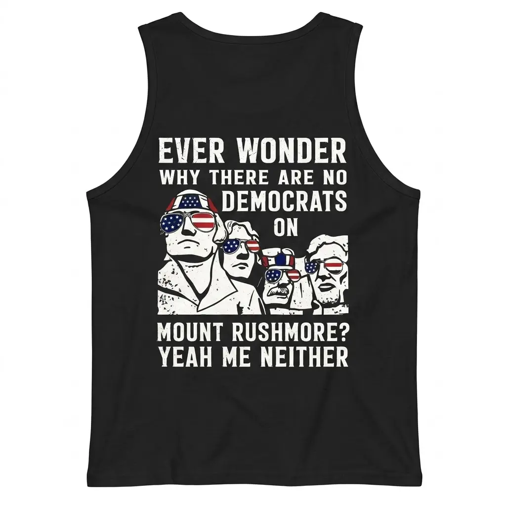 Back flat lay of a black tank top featuring the Mount Rushmore patriotic graphic design.