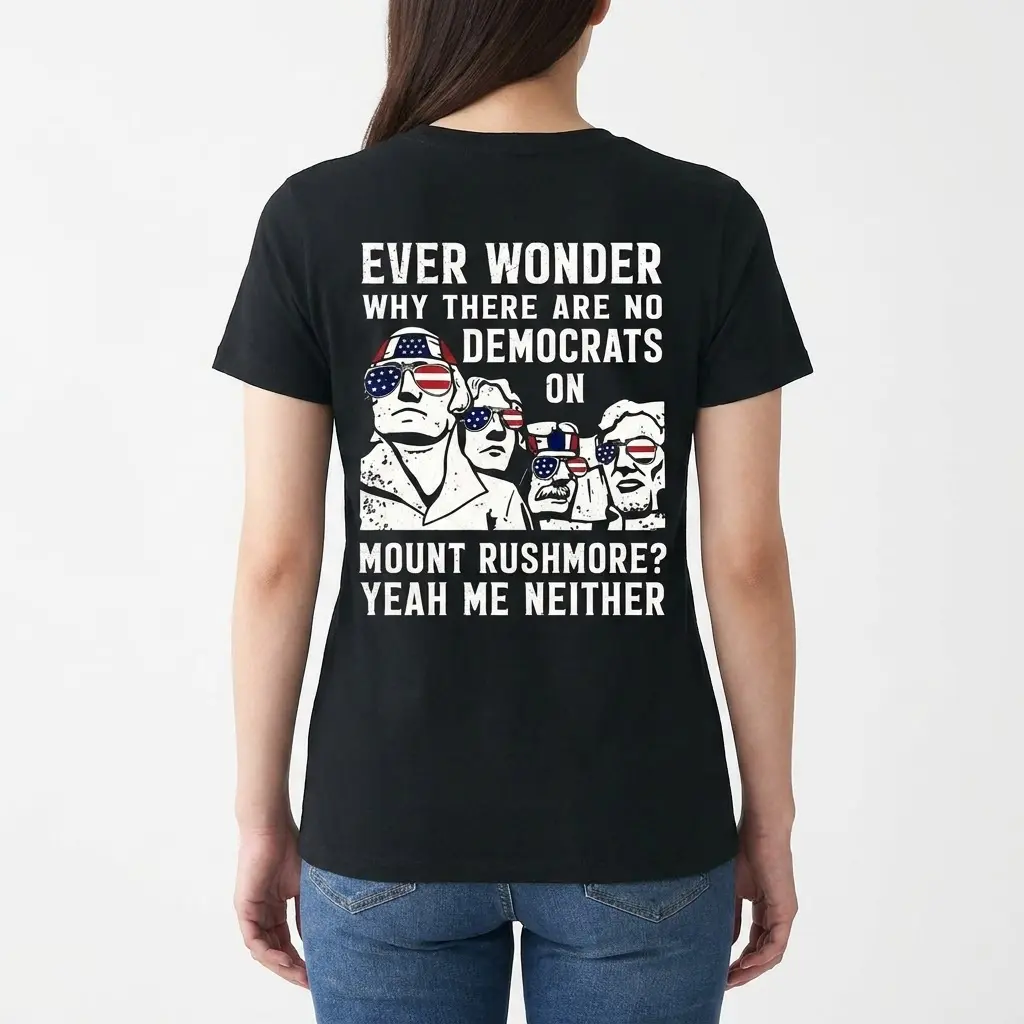 Back view of a woman wearing the black shirt featuring the humorous Mount Rushmore graphic.