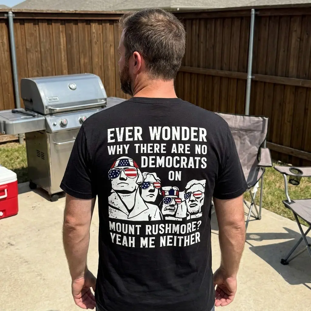 Lifestyle view showcasing the funny Mount Rushmore political graphic printed on the back of a black garment.
