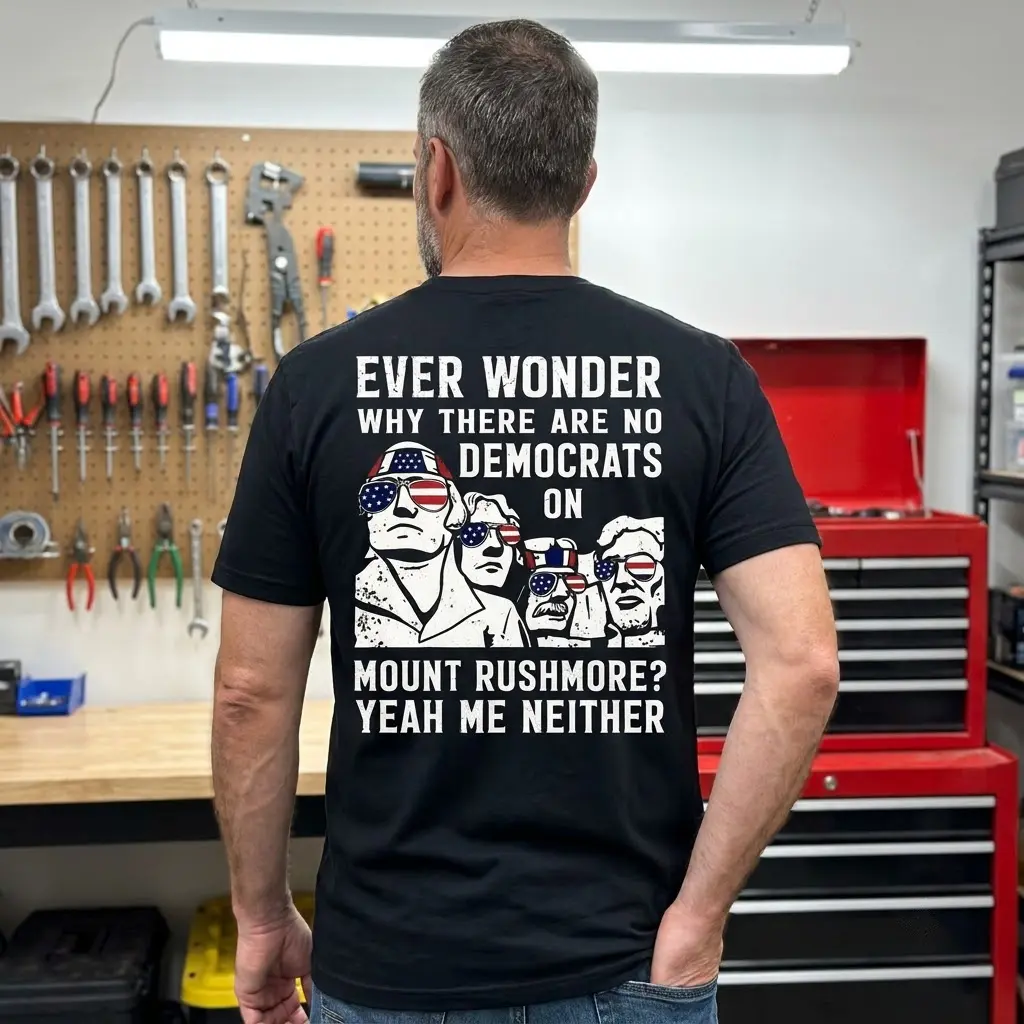 Casual lifestyle setting displaying the patriotic Mount Rushmore design on apparel.