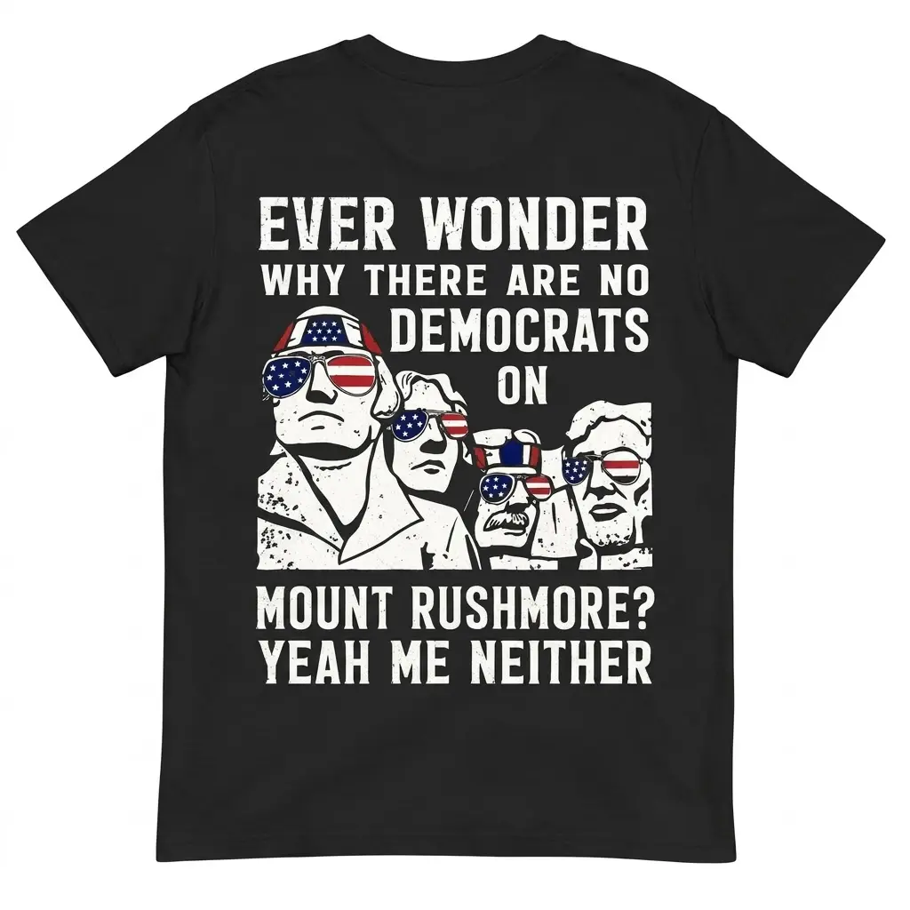 Back flat lay of a black t-shirt featuring Mount Rushmore presidents wearing patriotic sunglasses with humorous political text.