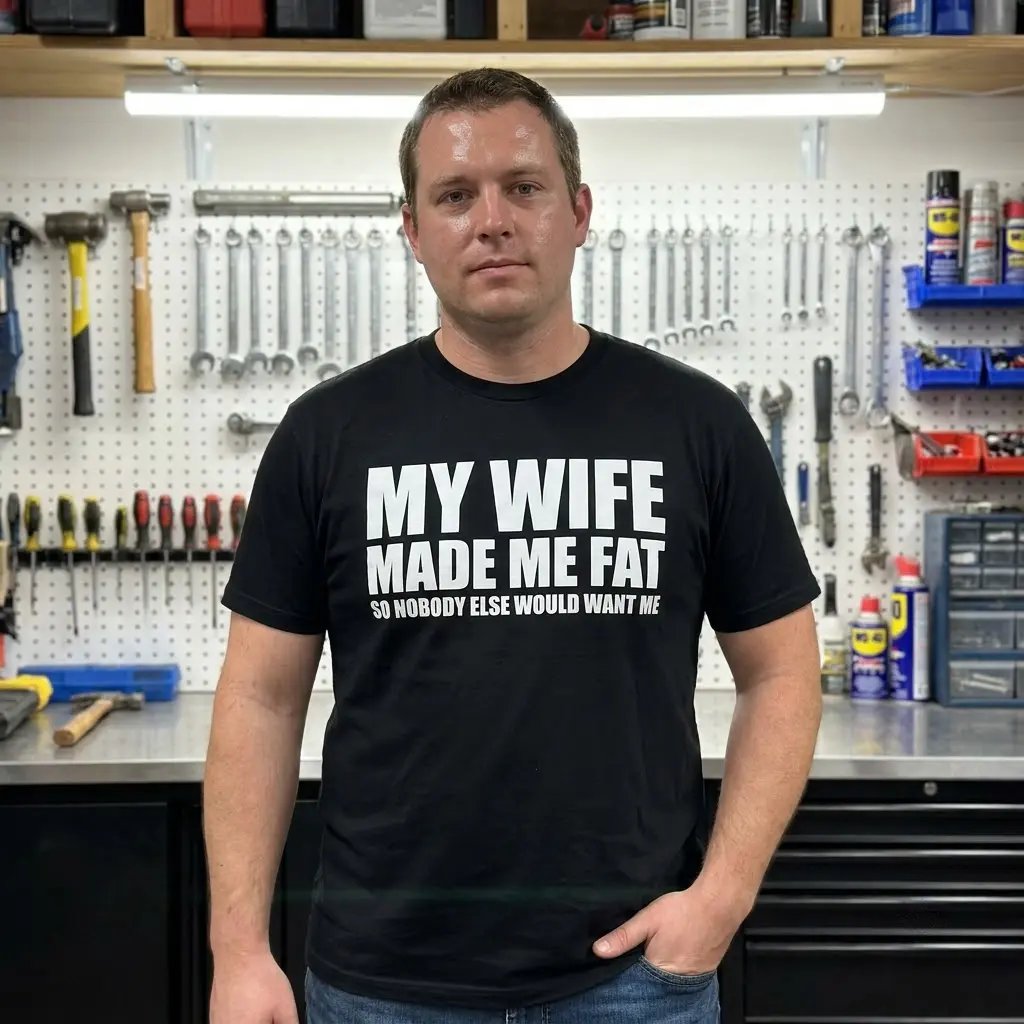 Casual lifestyle display highlighting the My Wife Made Me Fat funny husband apparel design.