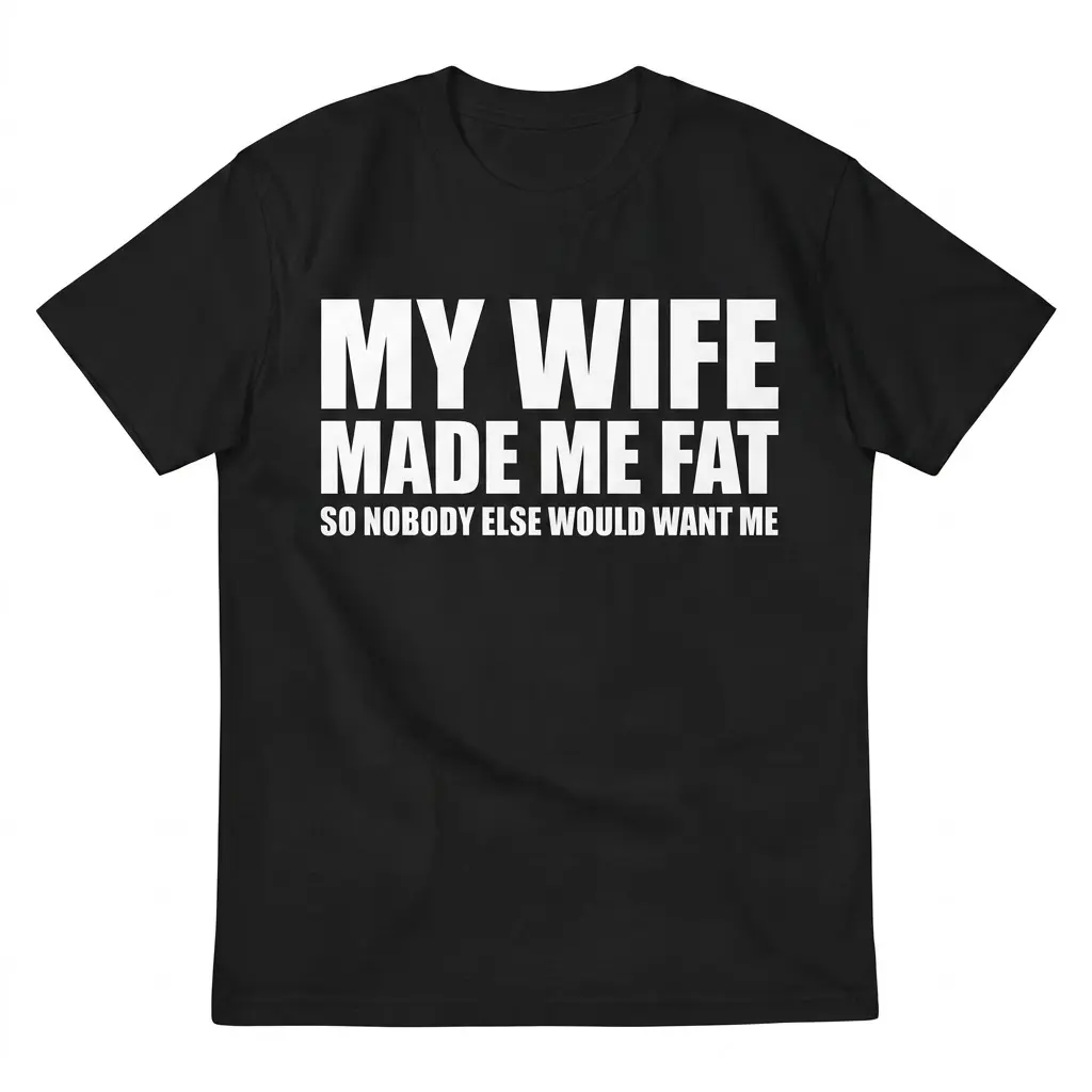 Flat lay front view of a black t-shirt featuring the humorous text My Wife Made Me Fat So Nobody Else Would Want Me in white lettering.