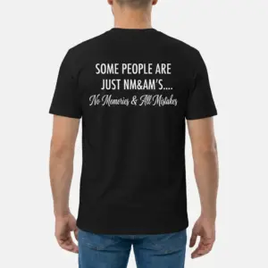 Funny No Memories All Mistakes T-Shirt 9 Back view of a male model wearing the black t-shirt with the No Memories & All Mistakes humorous text design.