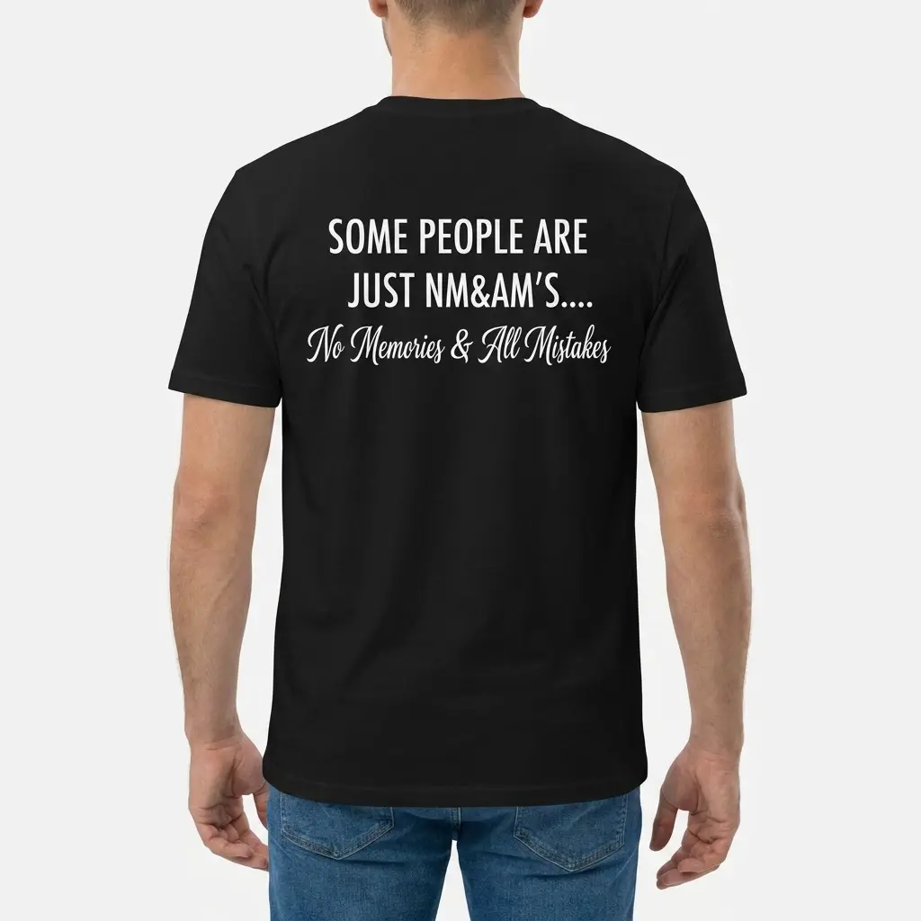 Back view of a male model wearing the black t-shirt with the No Memories & All Mistakes humorous text design.
