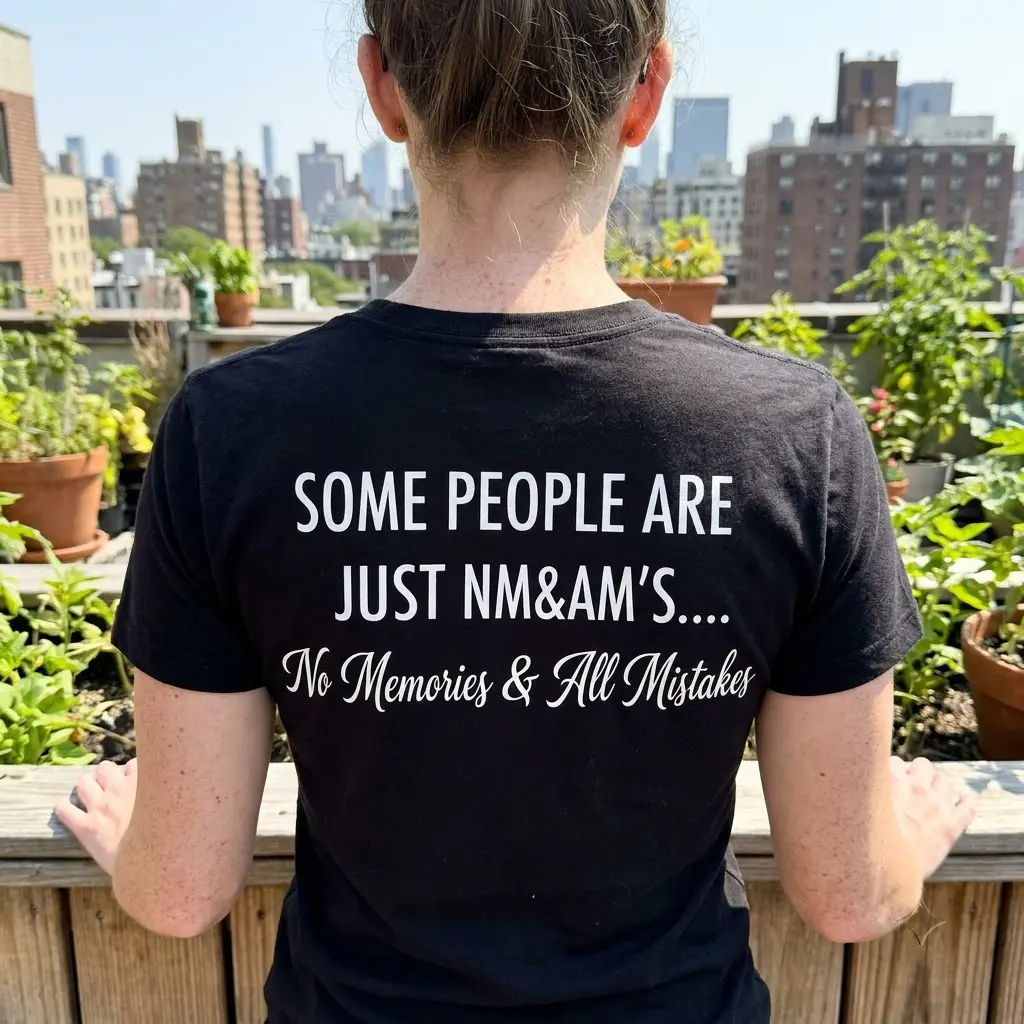 Lifestyle view showcasing the back of the funny No Memories & All Mistakes sarcastic quote shirt.