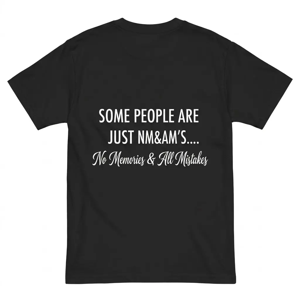 Back flat lay of a black t-shirt featuring text reading Some People Are Just NM&AM's... No Memories & All Mistakes in white.