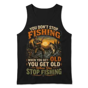 Funny Old Fisherman Never Stop Fishing T-Shirt 7 Front flatlay of a black tank top displaying the "Never Stop Fishing" design, with an old man catching a leaping bass.