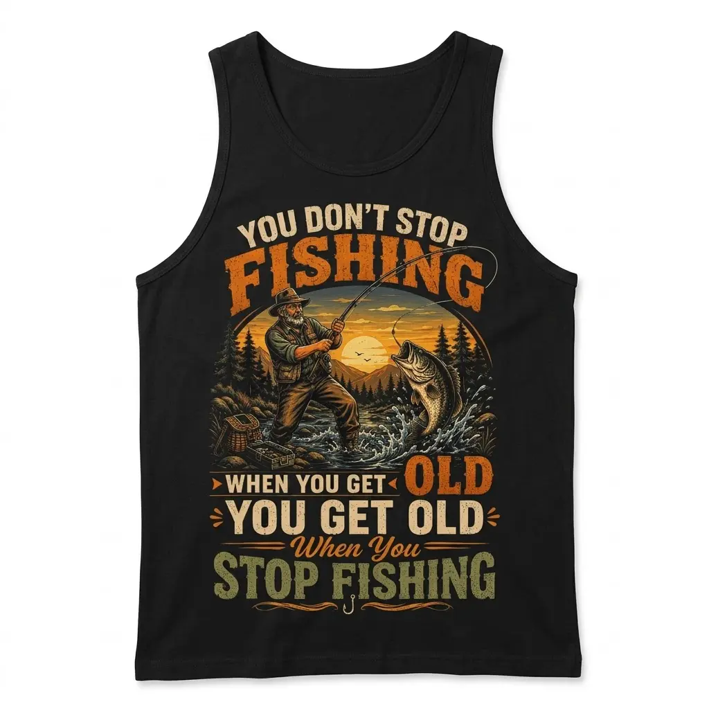 Front flatlay of a black tank top displaying the "Never Stop Fishing" design, with an old man catching a leaping bass.
