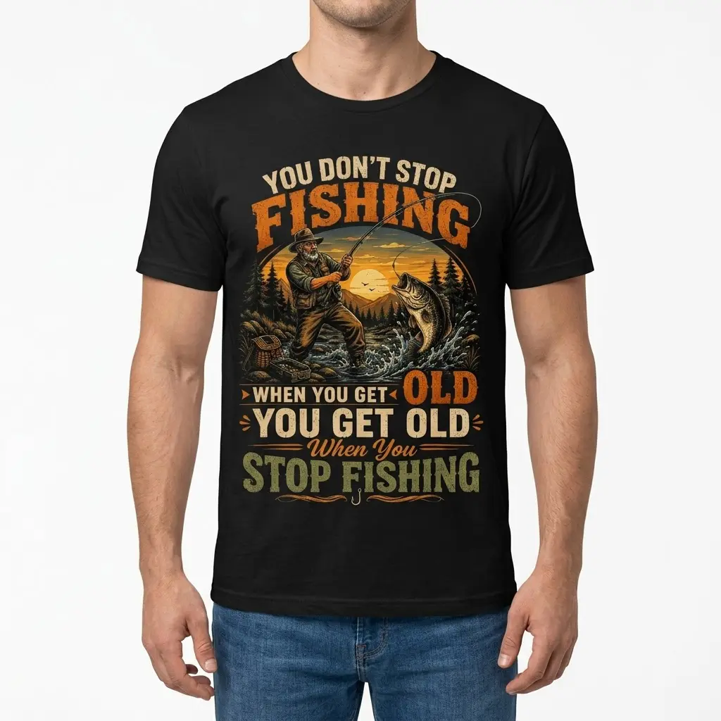 Man models the black t-shirt, highlighting the funny fishing design of an old angler and a bass, viewed from the front.