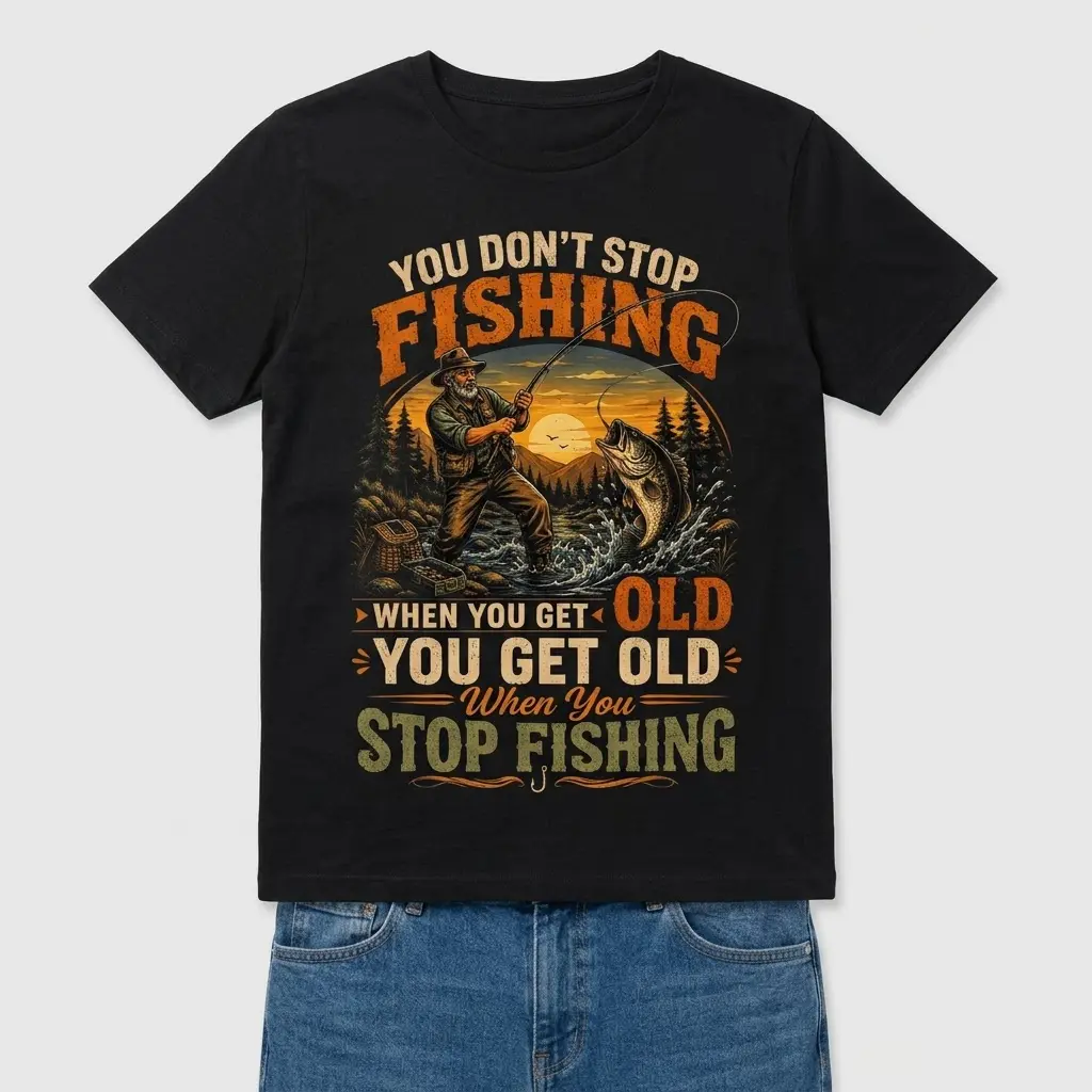Woman wearing the black t-shirt, showcasing the "You Get Old When You Stop Fishing" design with an outdoor scene, front view.