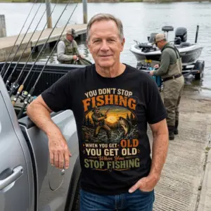 Funny Old Fisherman Never Stop Fishing T-Shirt 11 This black t-shirt's design, depicting an angler and a bass, humorously captures the lifelong dedication to fishing.