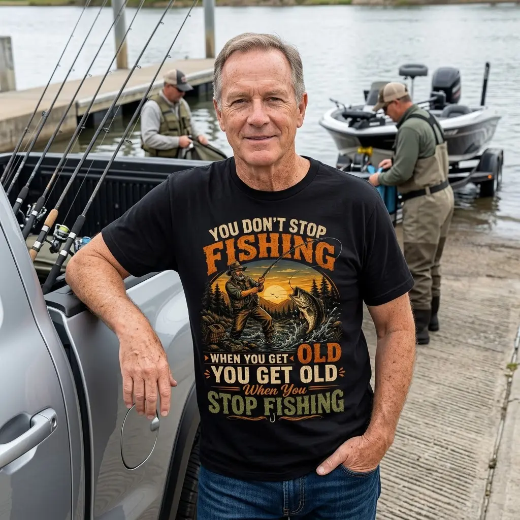 This black t-shirt's design, depicting an angler and a bass, humorously captures the lifelong dedication to fishing.