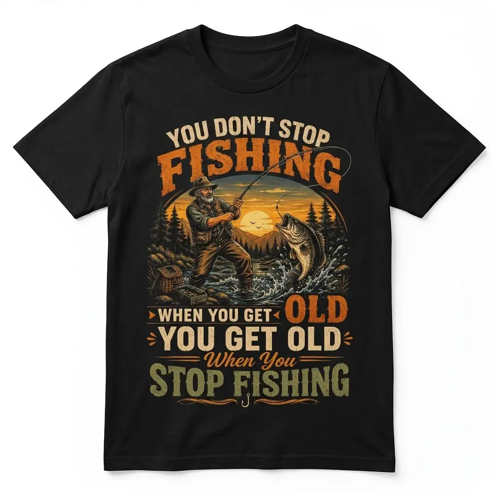 Black t-shirt with "You Don't Stop Fishing When You Get Old" text, featuring a bearded angler reeling in a bass at sunset on the front.