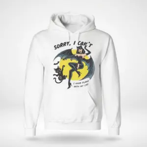 Funny Plans With My Cat Retro Pinup T-Shirt 7 Front flat lay of a hoodie printed with a retro pinup bat-woman, black cat, and humorous plans with my cat text.