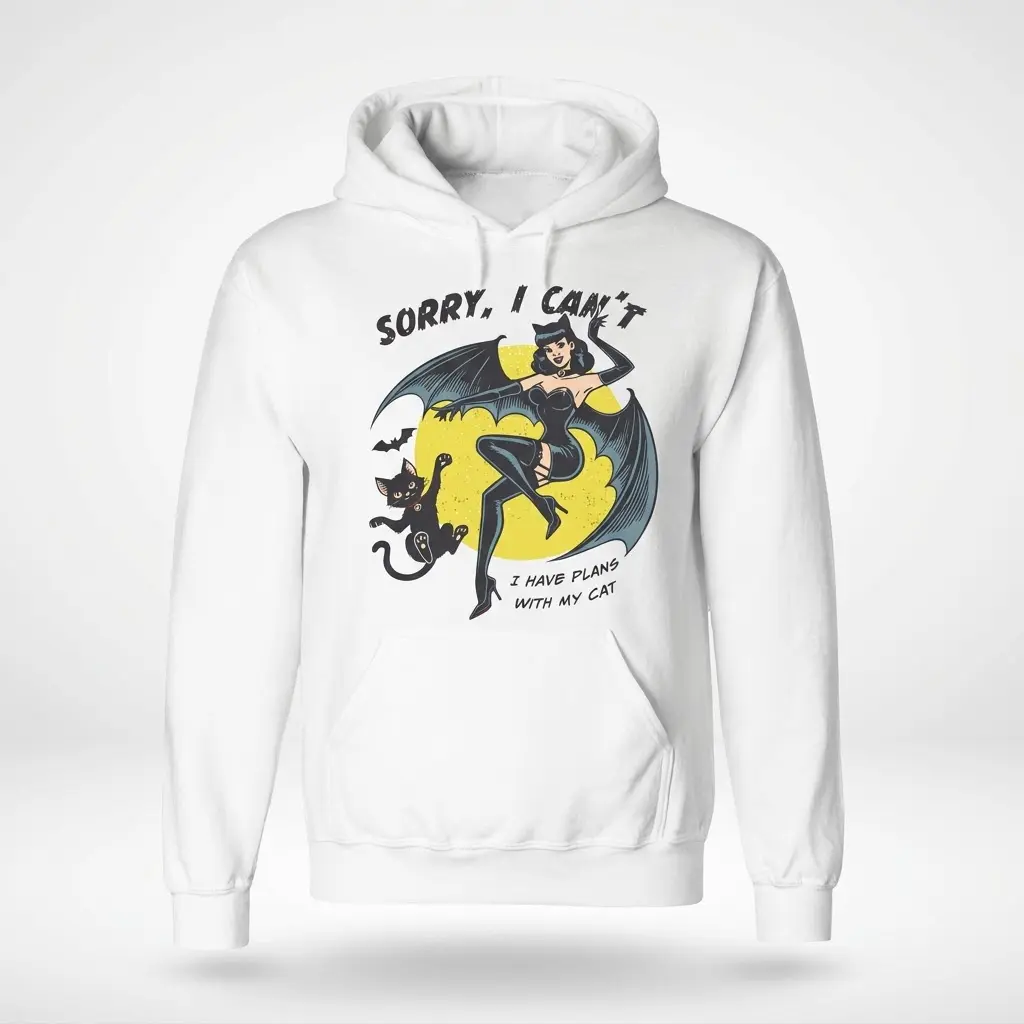 Funny Plans With My Cat Retro Pinup T-Shirt 2 Front flat lay of a hoodie printed with a retro pinup bat-woman, black cat, and humorous plans with my cat text.