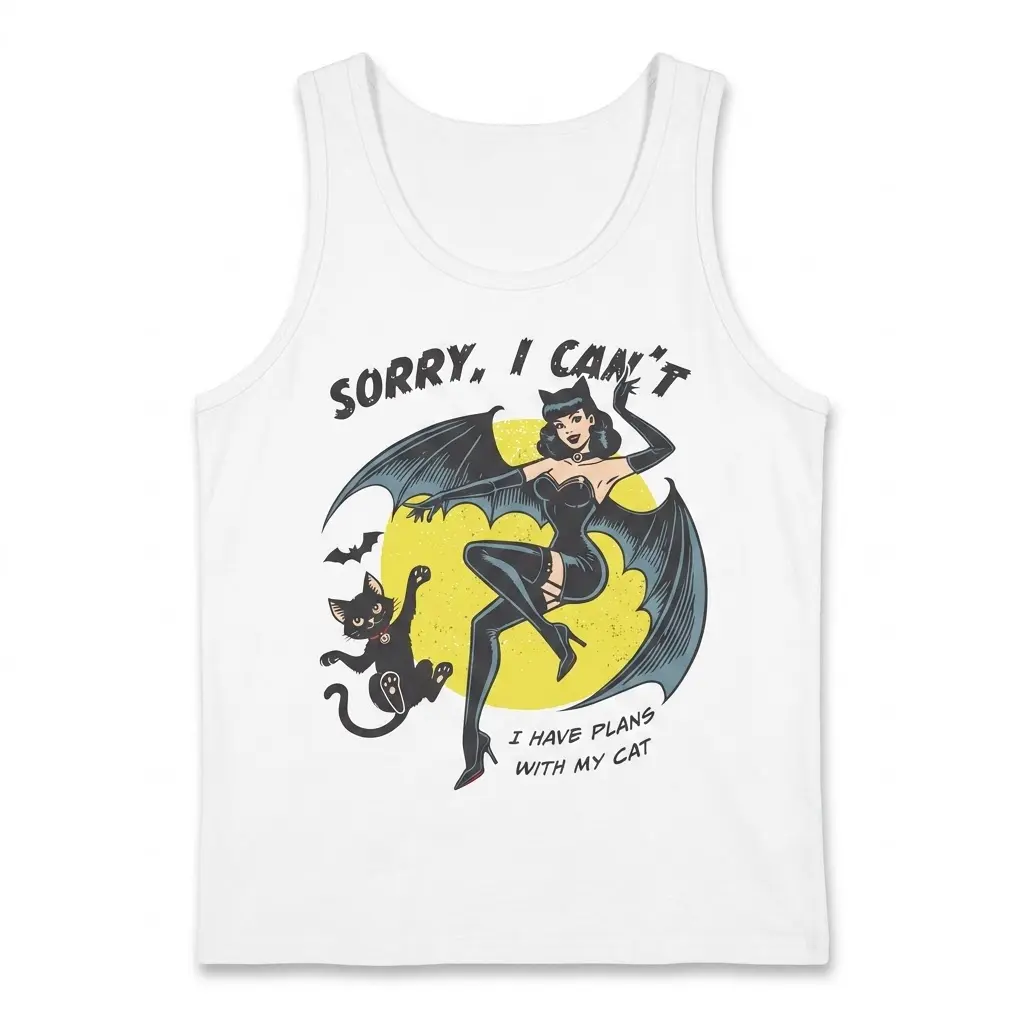 Funny Plans With My Cat Retro Pinup T-Shirt 3 Flat lay view of a sleeveless tank top displaying the vintage style bat-girl and cat 'Sorry, I Can't' graphic.