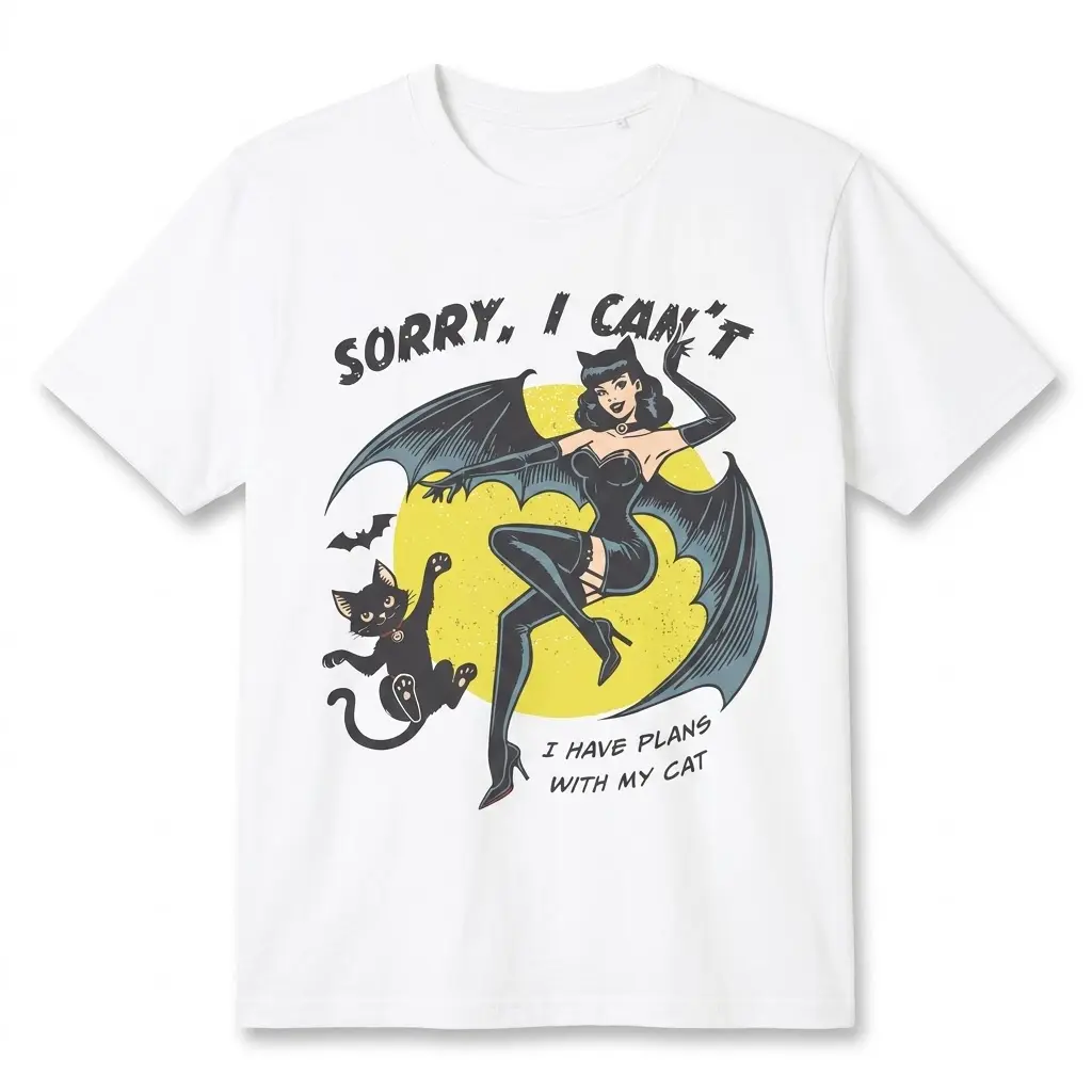 Funny Plans With My Cat Retro Pinup T-Shirt 1 Flat lay of a white t-shirt featuring a retro comic bat-girl, black cat, and 'Sorry, I Can't I Have Plans With My Cat' graphic.
