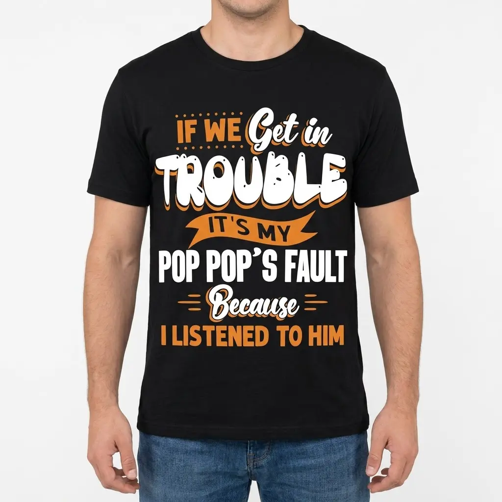 Front view of a man wearing a black t-shirt printed with the funny slogan 'If We Get In Trouble It's My Pop Pop's Fault Because I Listened To Him'.