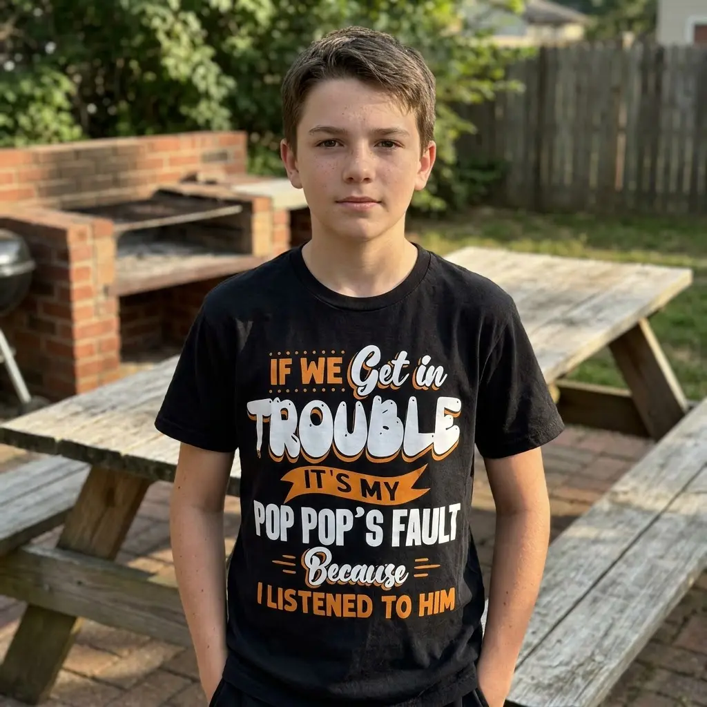 A person wearing the black graphic t-shirt featuring the humorous 'If We Get In Trouble It's My Pop Pop's Fault' quote in a casual lifestyle setting.