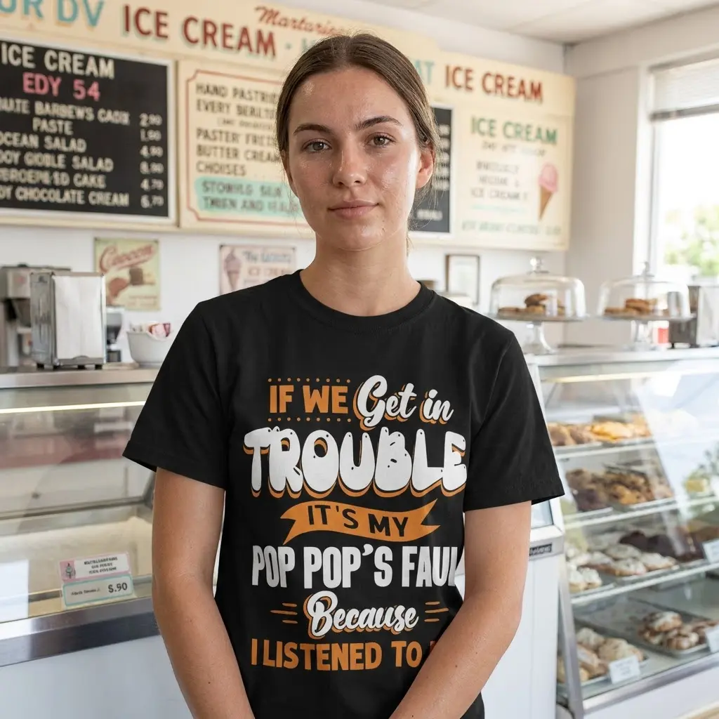 A close-up view of the funny 'If We Get In Trouble It's My Pop Pop's Fault' slogan on a black shirt in a realistic lifestyle scenario.