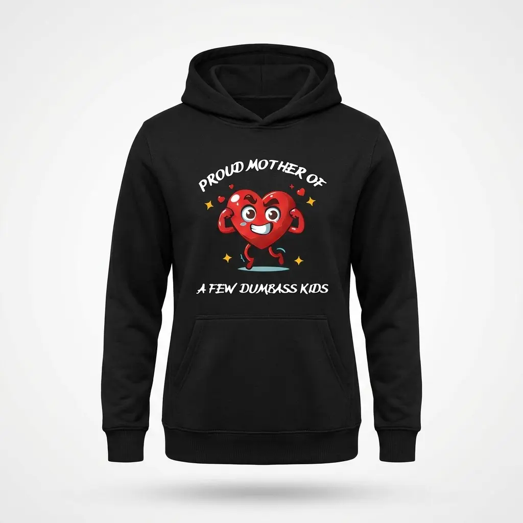 Front flat lay of a hoodie featuring the Proud Mother of A Few Dumbass Kids graphic with a flexing heart.
