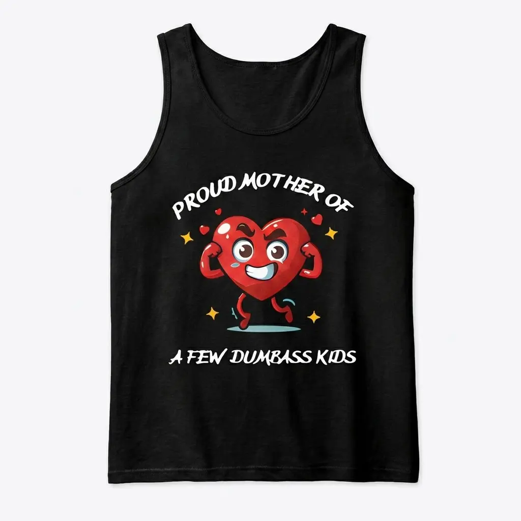 Front flat lay of a tank top printed with the funny proud mother cartoon heart design and sarcastic text.