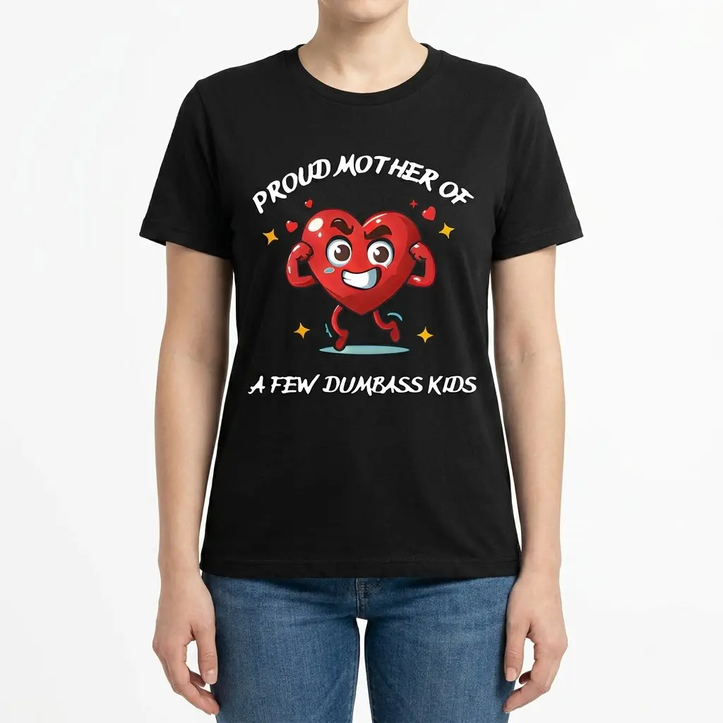 Front view of a woman wearing the black t-shirt printed with the Proud Mother of A Few Dumbass Kids design.