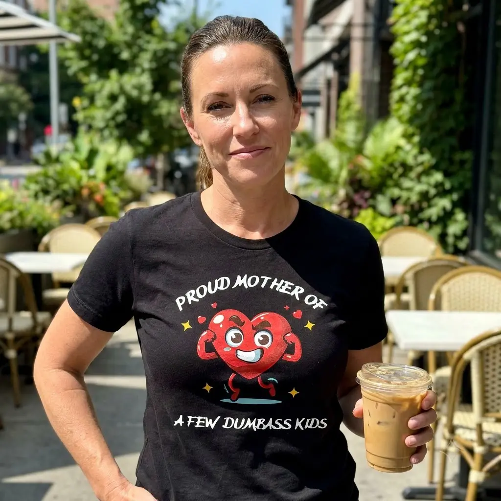 Casual lifestyle view featuring the funny proud mother design printed across the garment front.