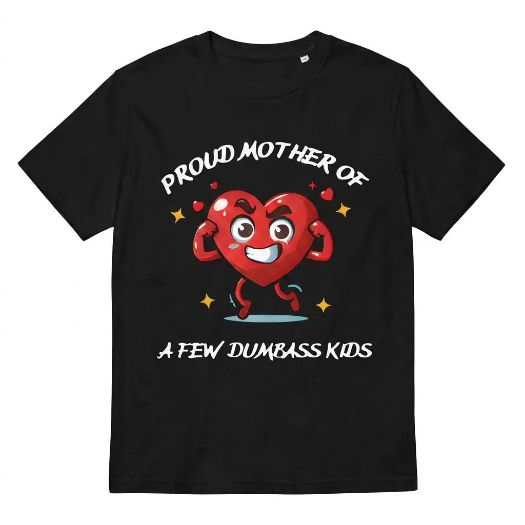 Flat lay of a black t-shirt with a flexing cartoon heart and text Proud Mother of A Few Dumbass Kids.