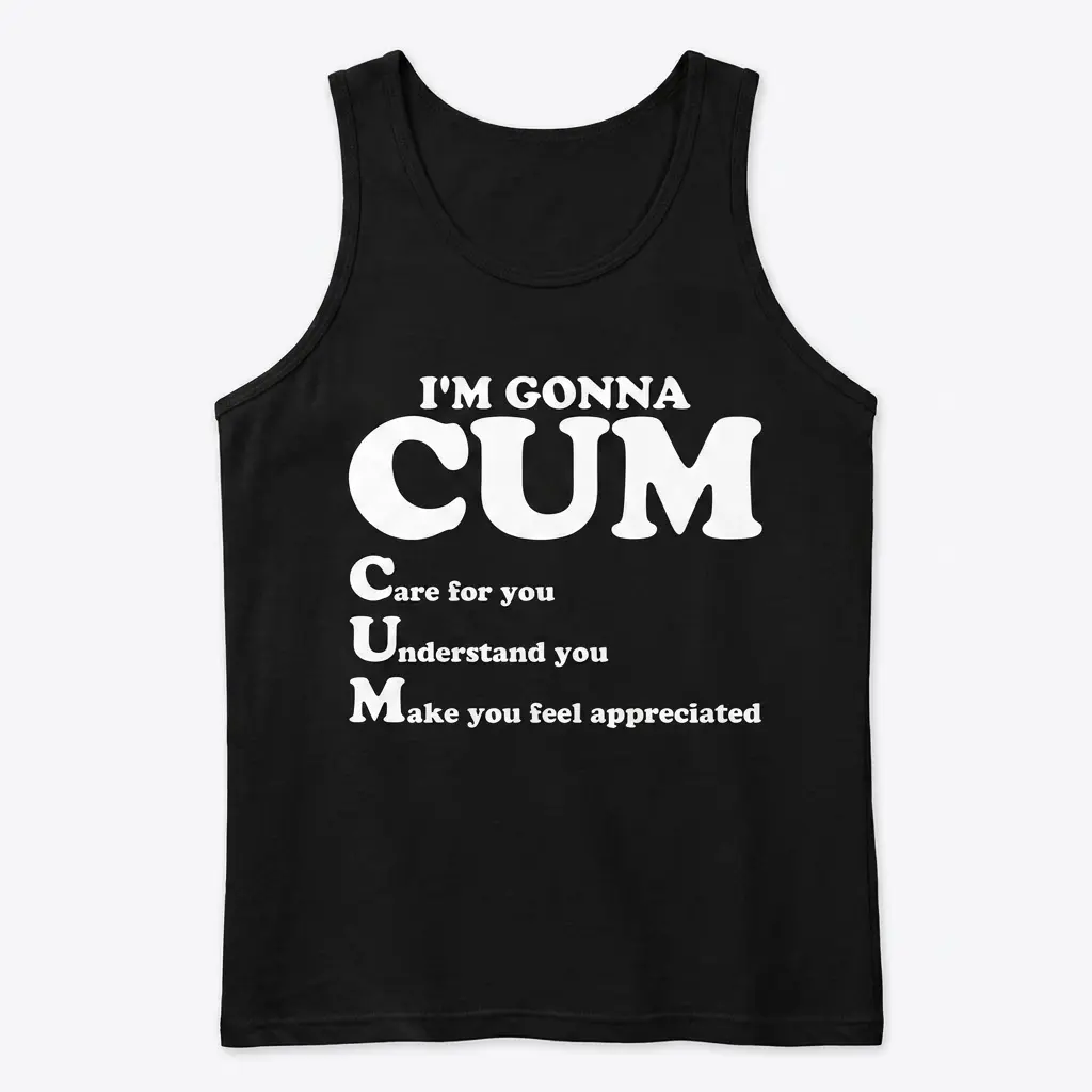 Front view flat lay of a tank top printed with a funny bait-and-switch relationship acronym graphic across the chest.