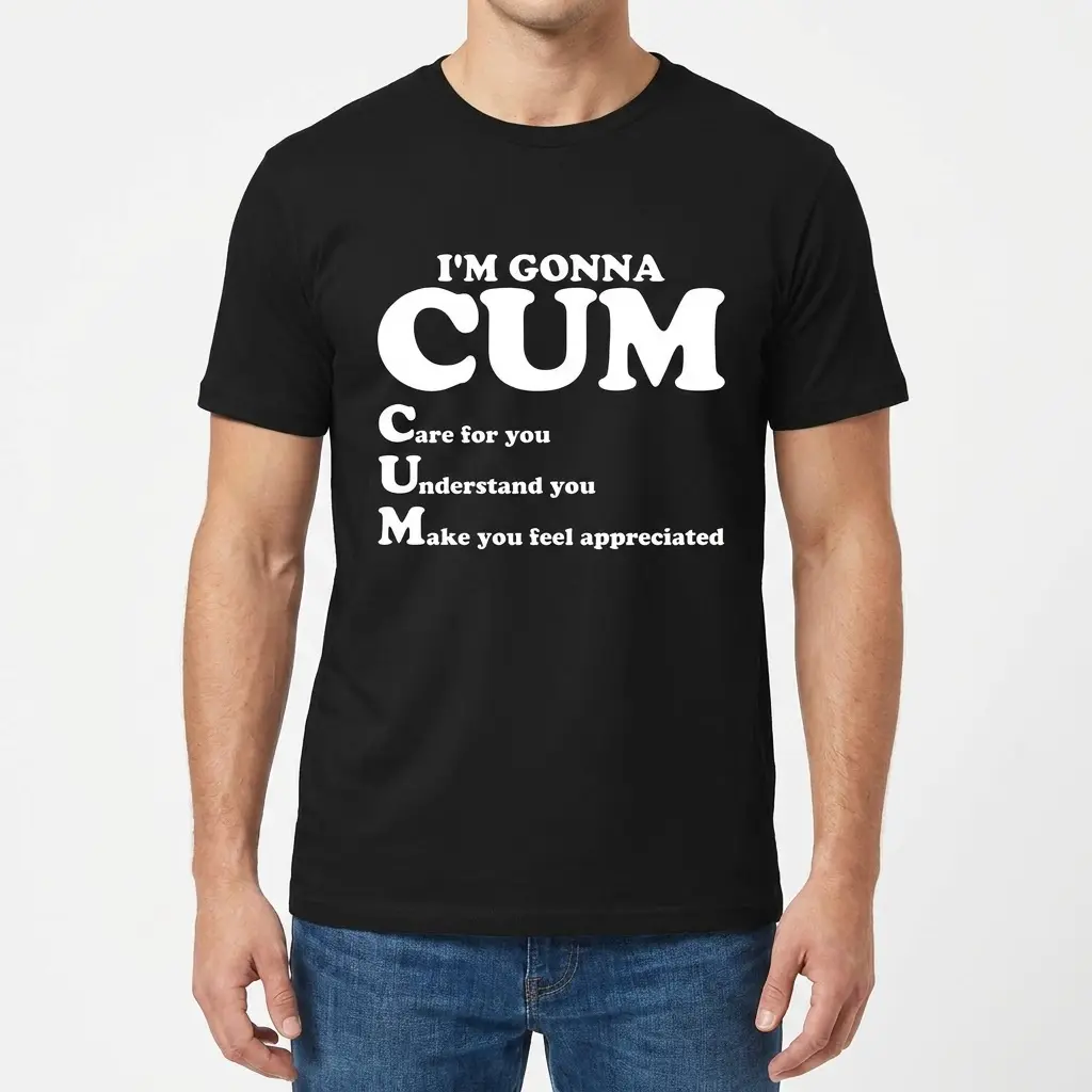 Front view of a man modeling the funny relationship acronym joke t-shirt.