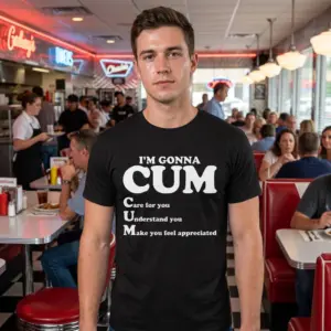 Funny Relationship Acronym Joke T-Shirt 10 Lifestyle shot showing the funny relationship acronym graphic t-shirt worn in a casual setting.
