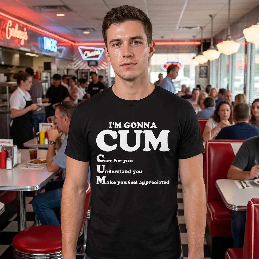 Lifestyle shot showing the funny relationship acronym graphic t-shirt worn in a casual setting.