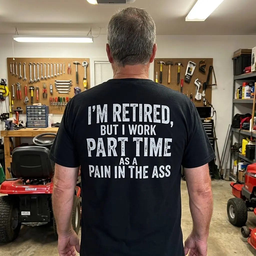 Funny Retired Part Time Sarcastic T-Shirt 5 Lifestyle presentation showing the back of the funny retired sarcastic t-shirt in a casual daily setting.