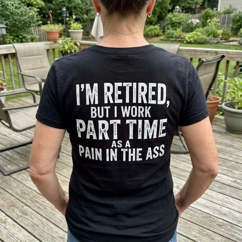 Funny Retired Part Time Sarcastic T-Shirt 6 Close-up lifestyle view highlighting the humorous retirement quote printed across the back of the shirt.