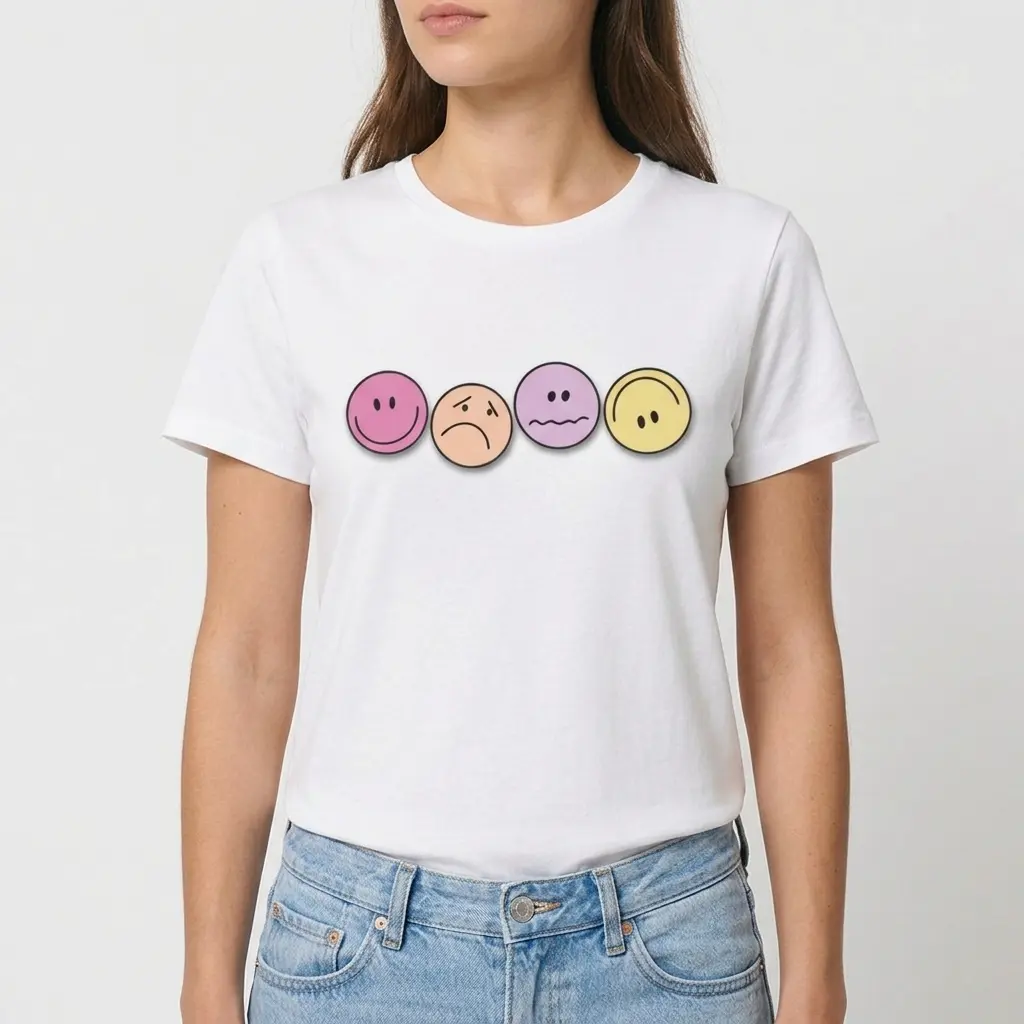 Detailed view of emoticons on T-shirt back.