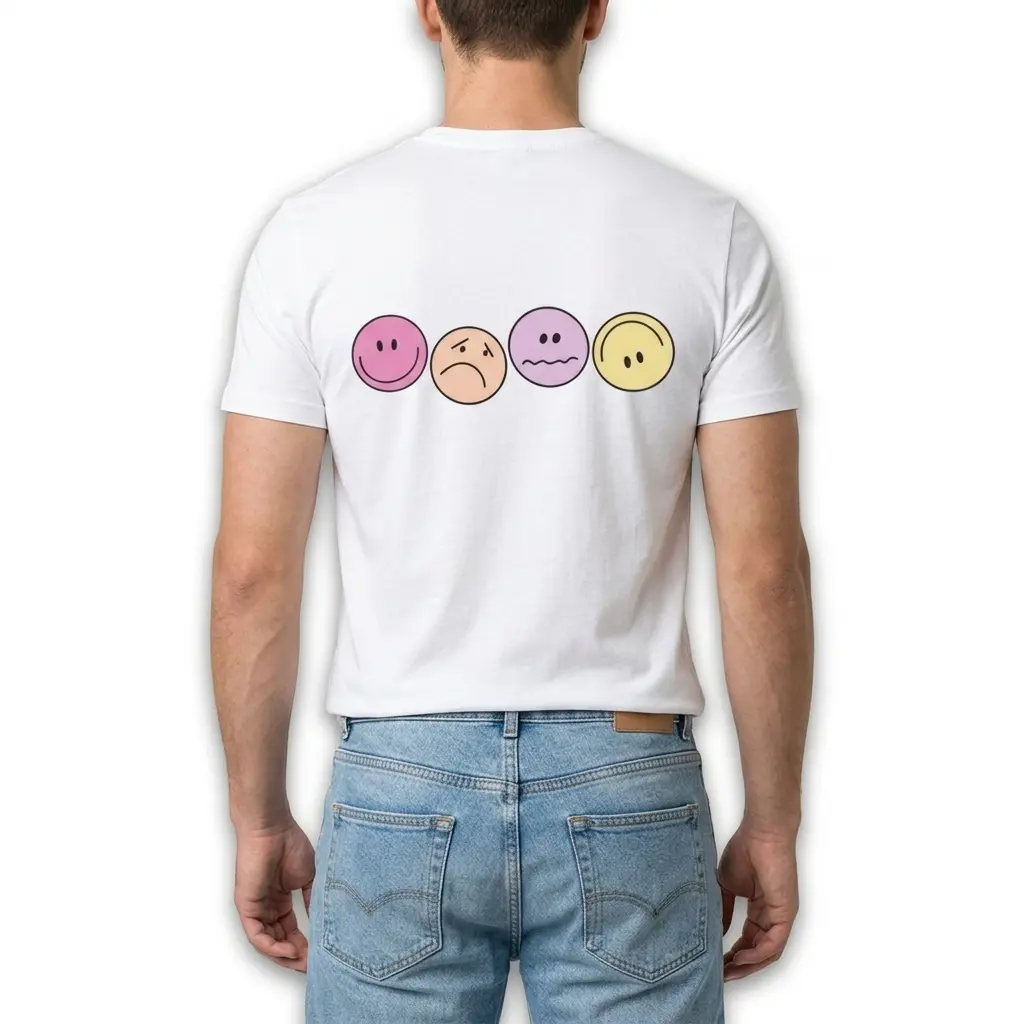 White T-shirt laid flat with emoticon design.