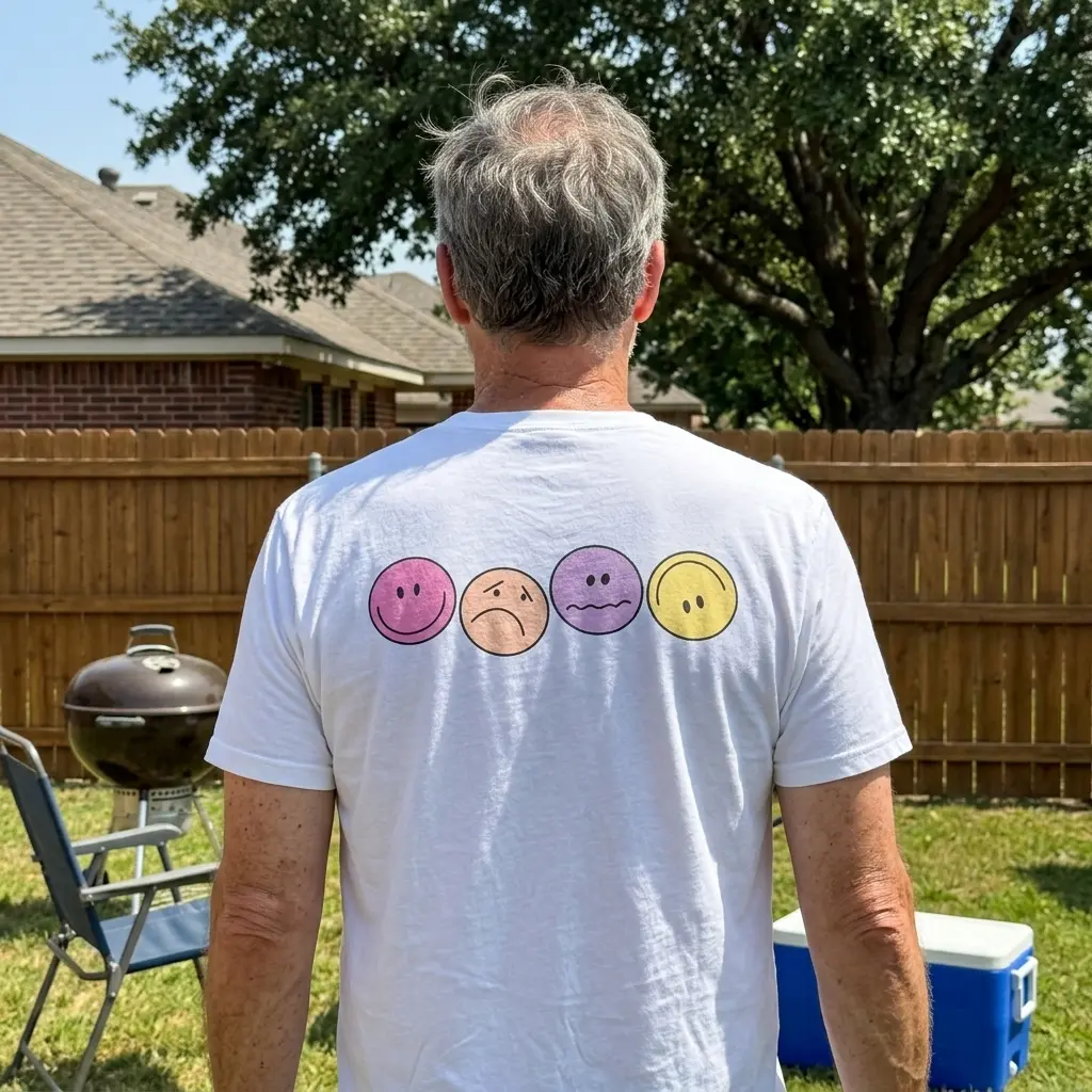 Person wearing T-shirt with colorful emoticon design on back.