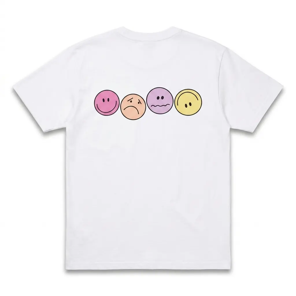 Back of white T-shirt featuring four colorful emoticons.