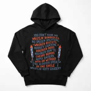 Funny Retro Fireworks Slang Graphic Tee 7 Black T-shirt featuring humorous fireworks terms in a colorful font.