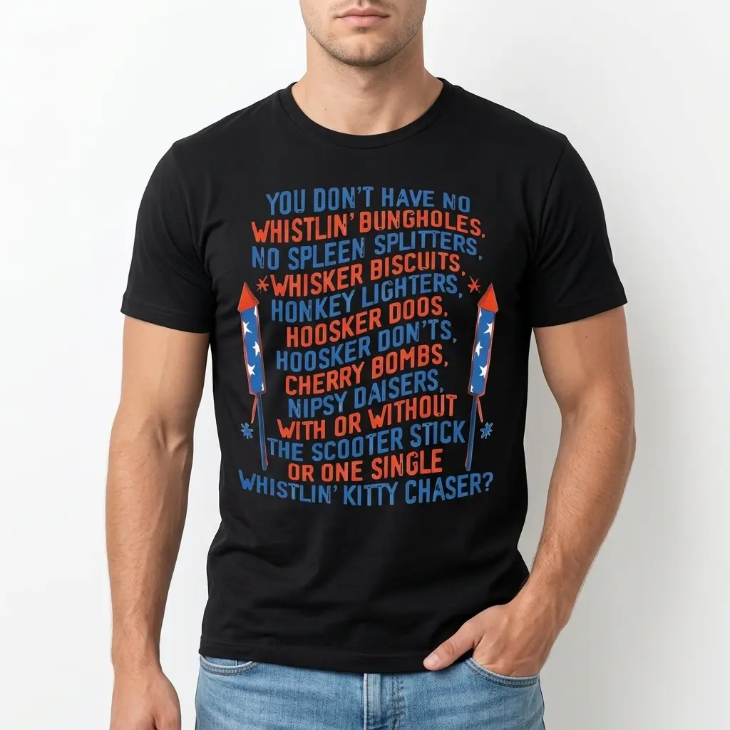 Funny Retro Fireworks Slang Graphic Tee 3 Graphic tee displaying playful fireworks slang in vibrant lettering.