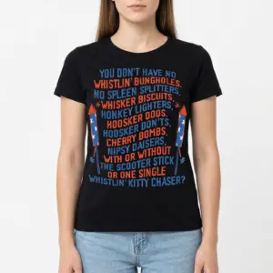 Funny Retro Fireworks Slang Graphic Tee 9 T-shirt with retro fireworks slang graphic in bold red and blue.