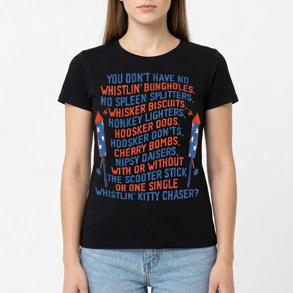Funny Retro Fireworks Slang Graphic Tee 4 T-shirt with retro fireworks slang graphic in bold red and blue.