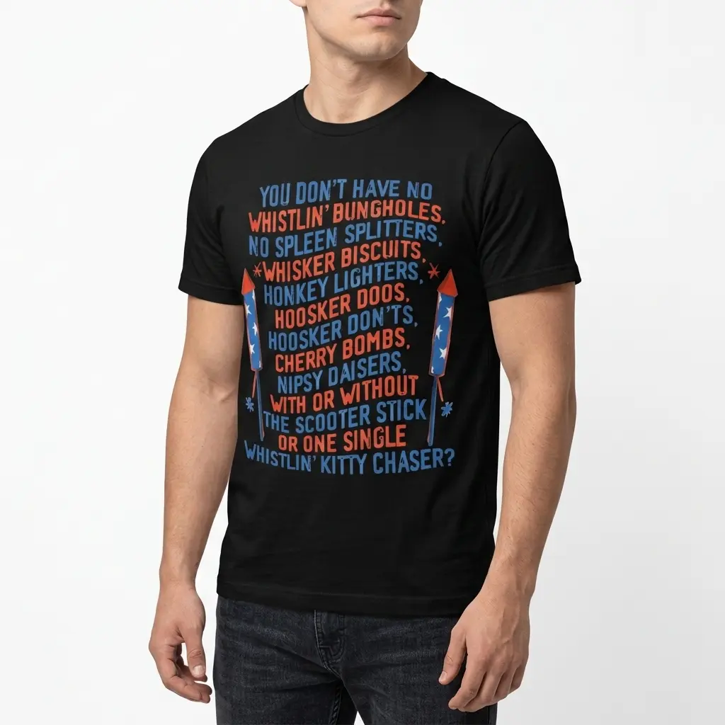 Funny Retro Fireworks Slang Graphic Tee 5 Funny 4th of July shirt with colorful fireworks-related slang print.