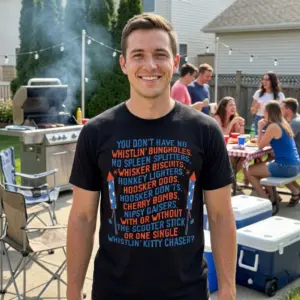 Funny Retro Fireworks Slang Graphic Tee 11 Model wearing a T-shirt with humorous fireworks slang text.
