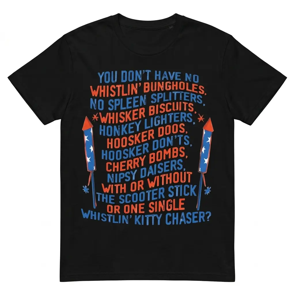 Funny Retro Fireworks Slang Graphic Tee 1 Black T-shirt with funny fireworks slang text in red and blue.